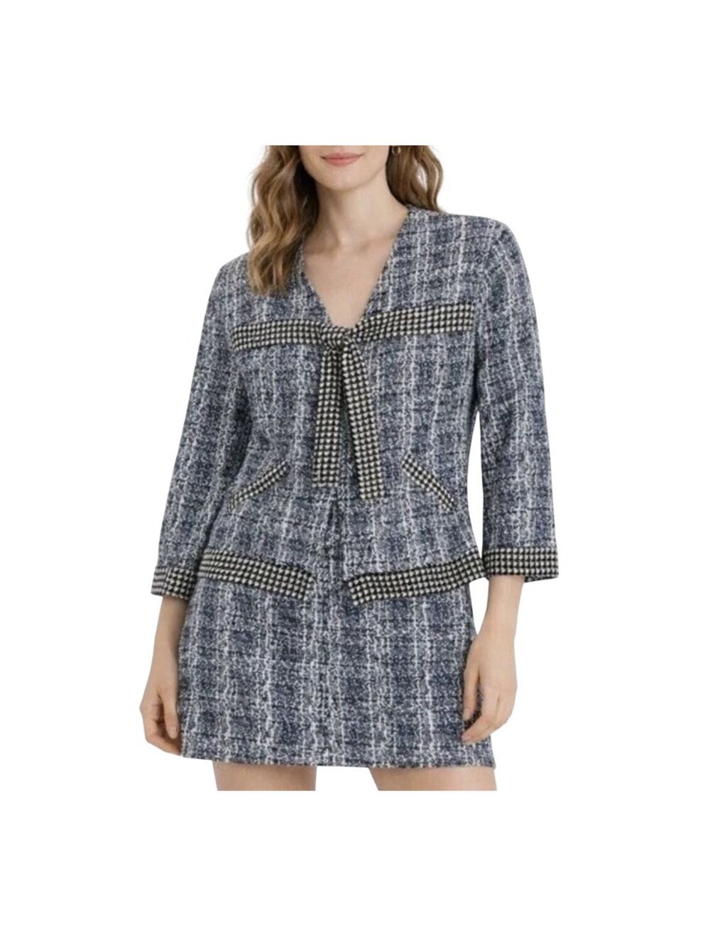 Cabi Blue Black Reina 21 Club Houndstooth Tweed Jacket Skirt Suit 2-Piece Set